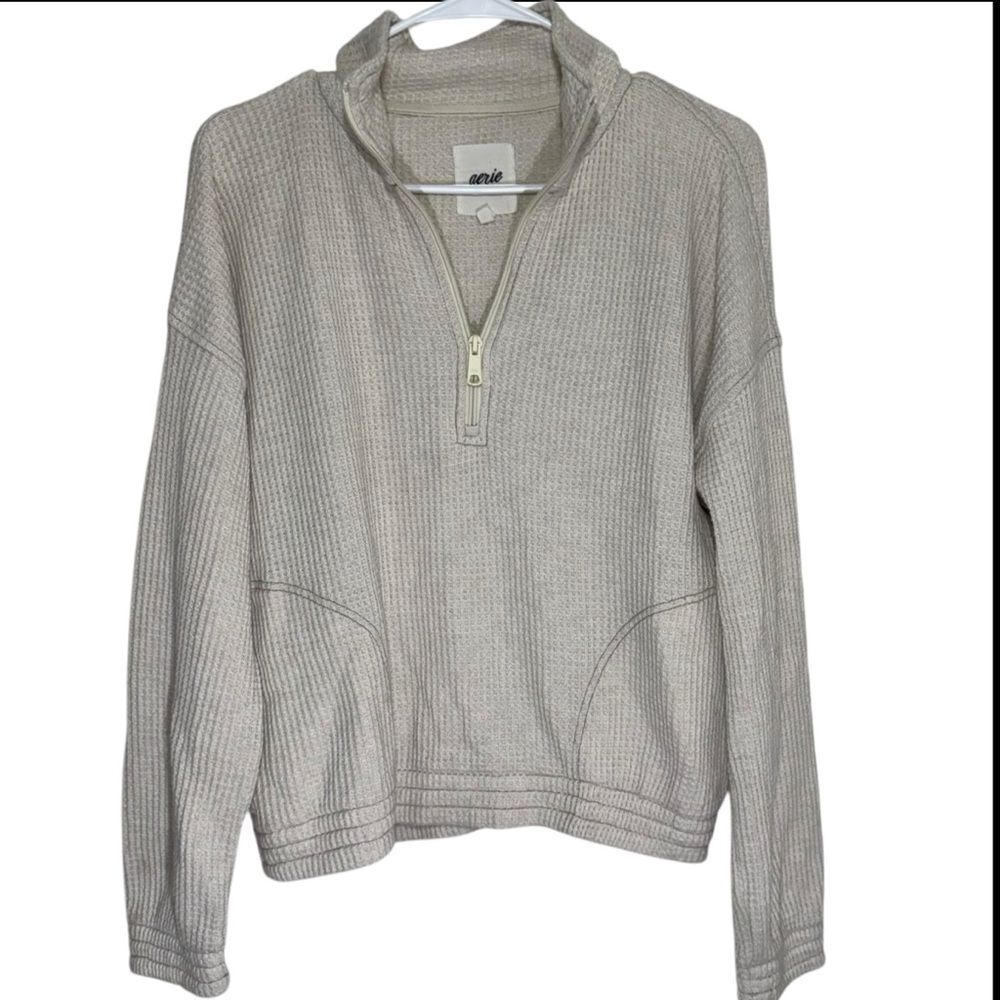 Aerie Cream Waffle Knit Half Zip Pullover Sweater